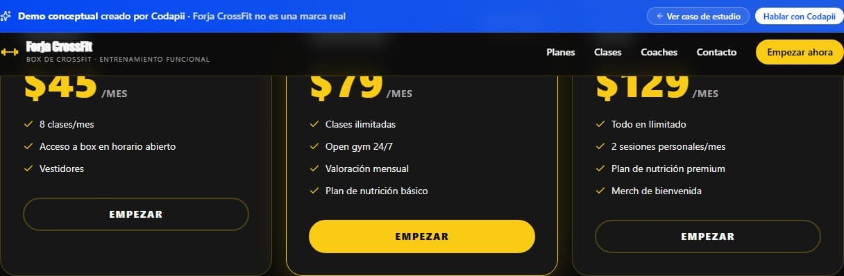Screenshot del demo de Forja CrossFit — box con clases reservables