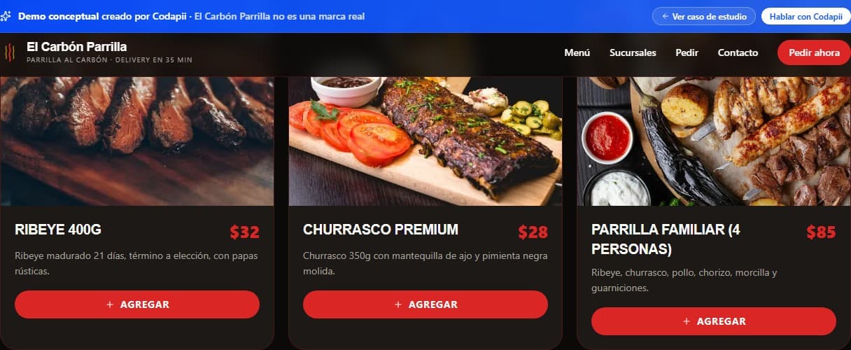 Screenshot del demo de El Carbón Parrilla — menú y carrito