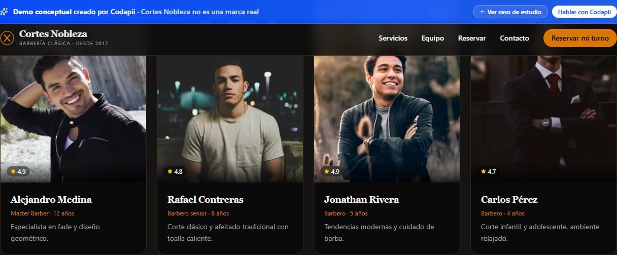 Screenshot del demo de Cortes Nobleza — barbería con booking online