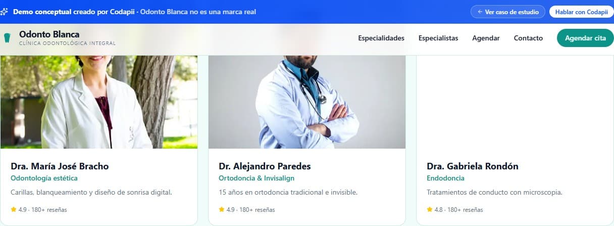 Screenshot del demo de Odonto Blanca — clínica dental con agenda online