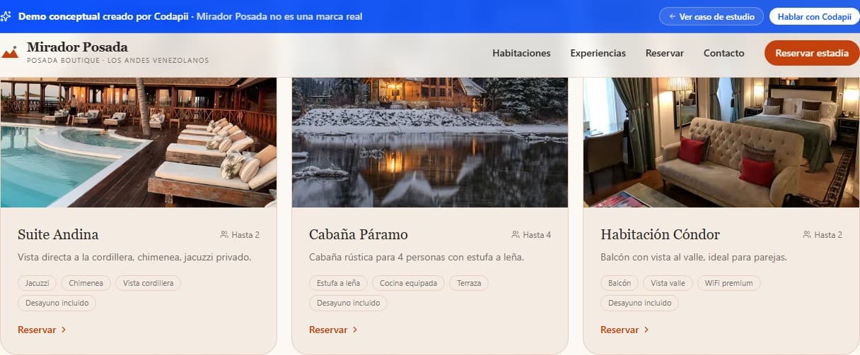 Screenshot del demo de Mirador Posada — posada boutique en Los Andes