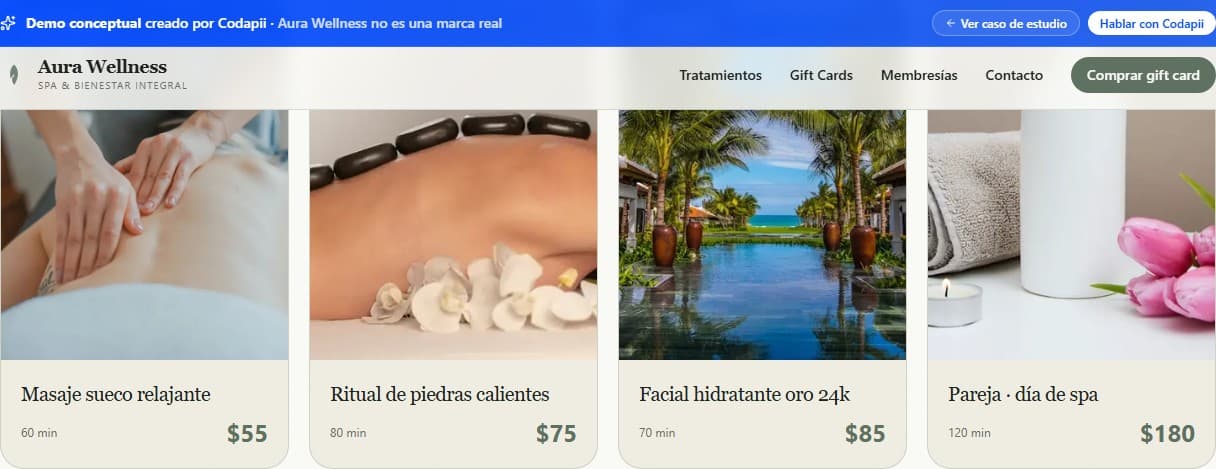 Screenshot del demo de Aura Wellness — spa con gift card builder